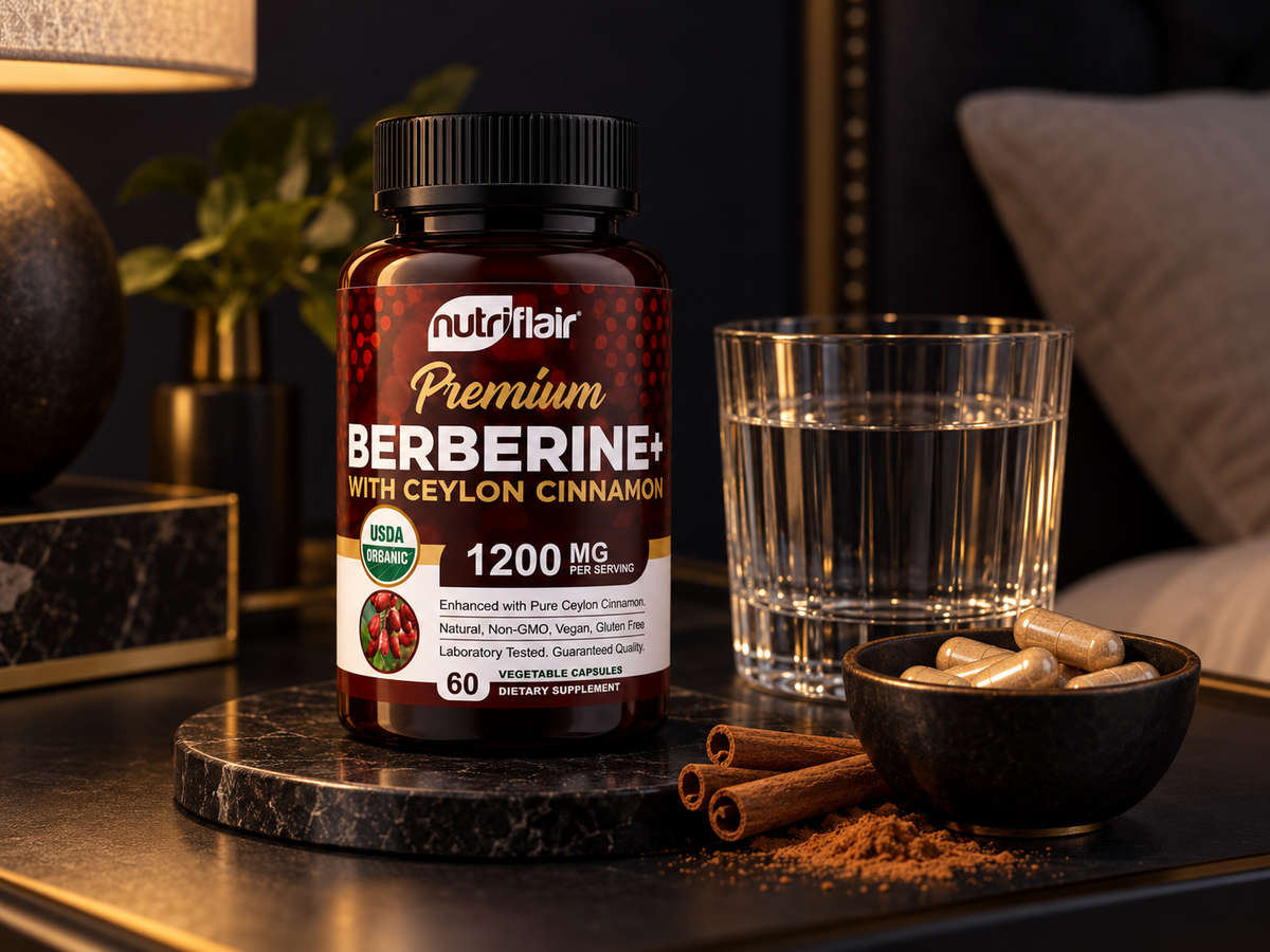 Berberina Premium sobre un velador junto a un vaso de agua y cápsulas listas para tomar