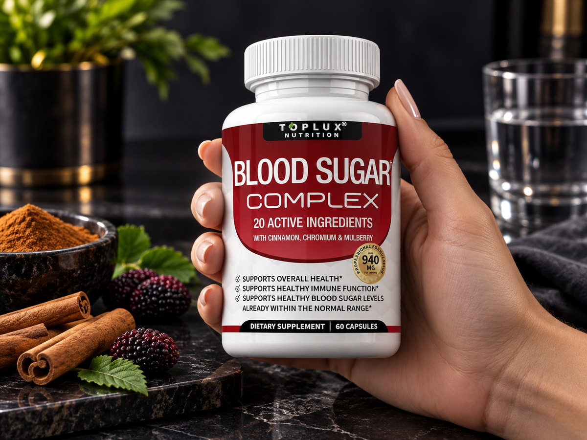 Mujer sosteniendo el frasco de Blood Sugar Complex junto a canela y moras