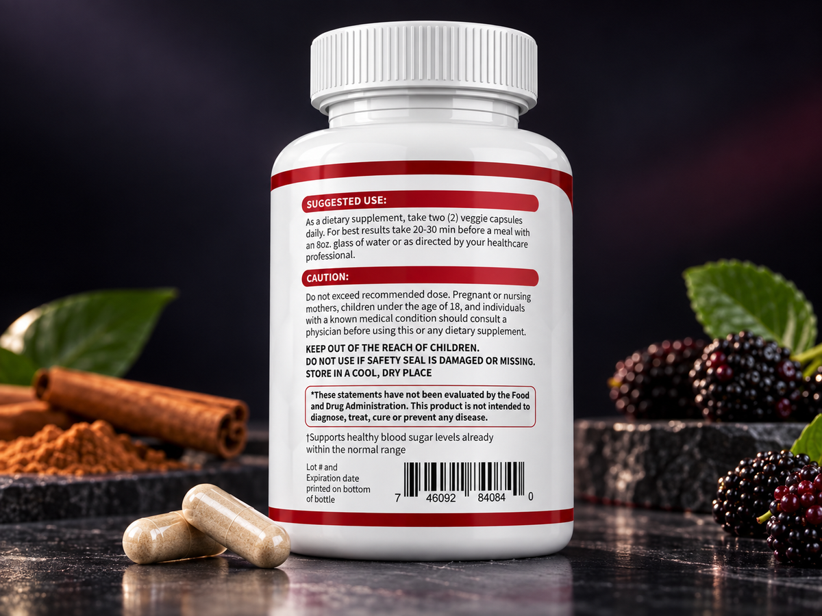 Etiqueta trasera de Blood Sugar Complex con modo de uso, precauciones y código de barras