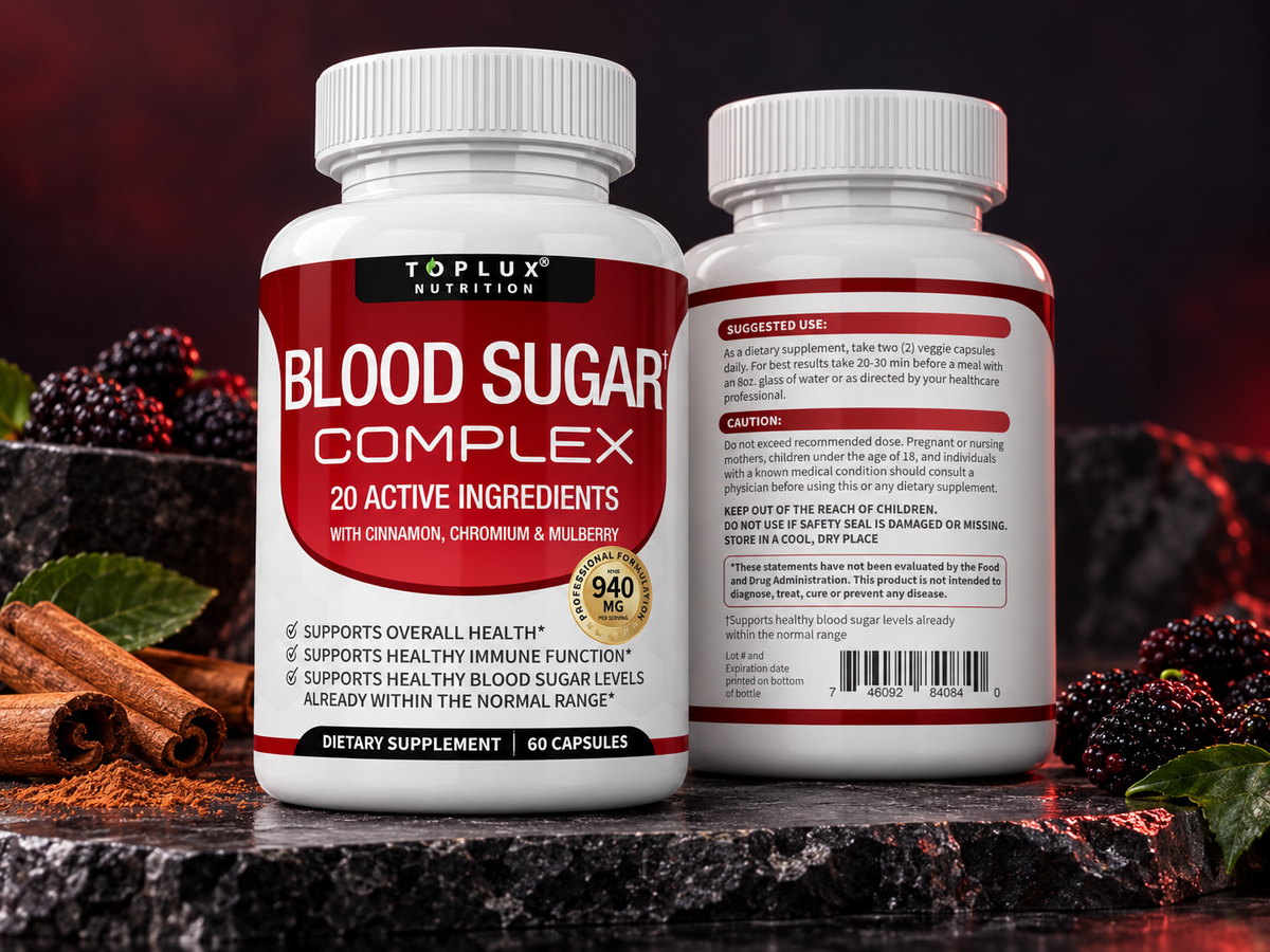 Blood Sugar Complex, vista de frente y reverso, con modo de uso y precauciones