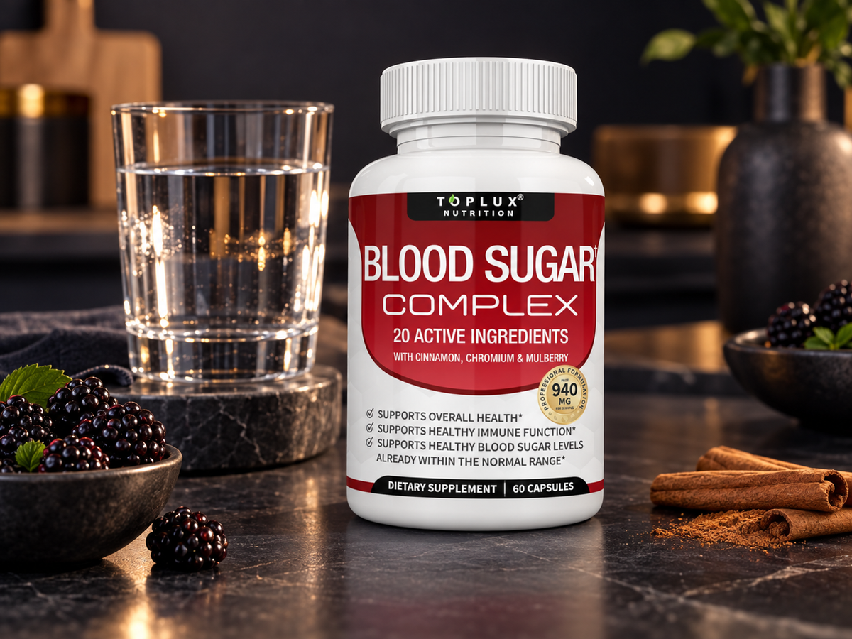 Blood Sugar Complex junto a un vaso de agua, listo para tomar antes de una comida
