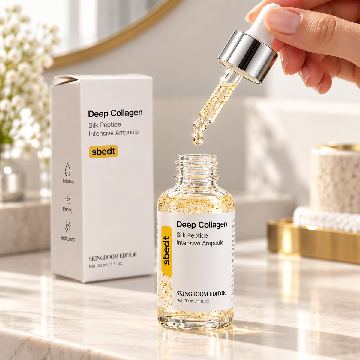 Gotero del sérum facial Deep Collagen dejando caer una gota junto a la caja de 30 ml