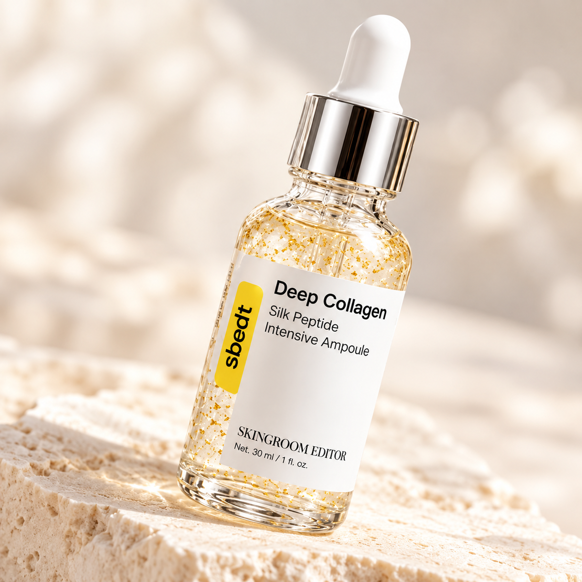 Frasco de 30 ml de Deep Collagen Silk Peptide con las partículas doradas visibles en el sérum