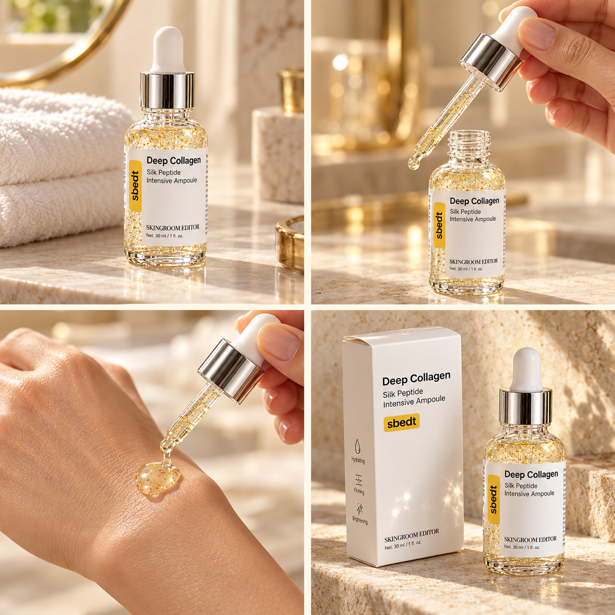 Cuatro vistas del sérum Deep Collagen: frasco, gotero, textura de la gota y envase de 30 ml