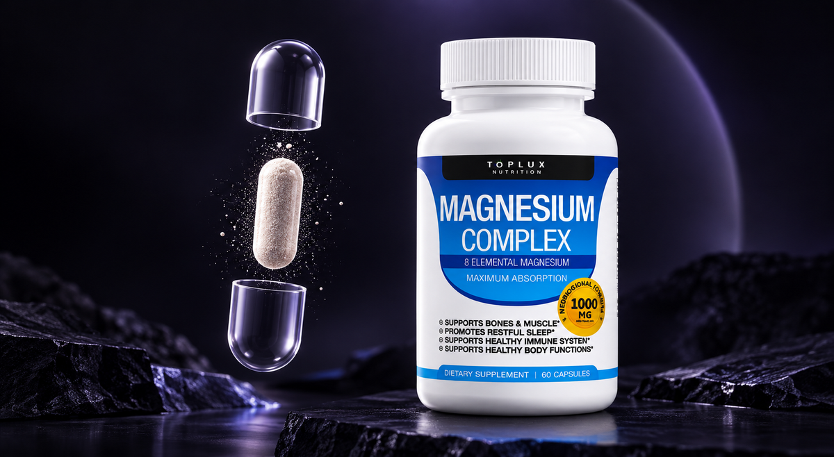 Cápsula de Magnesio Complex abierta, con las 8 formas de magnesio en su interior