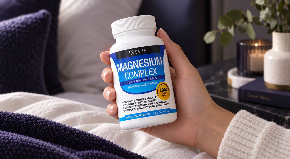 Mujer sosteniendo Magnesio Complex antes de dormir, como parte de su rutina nocturna