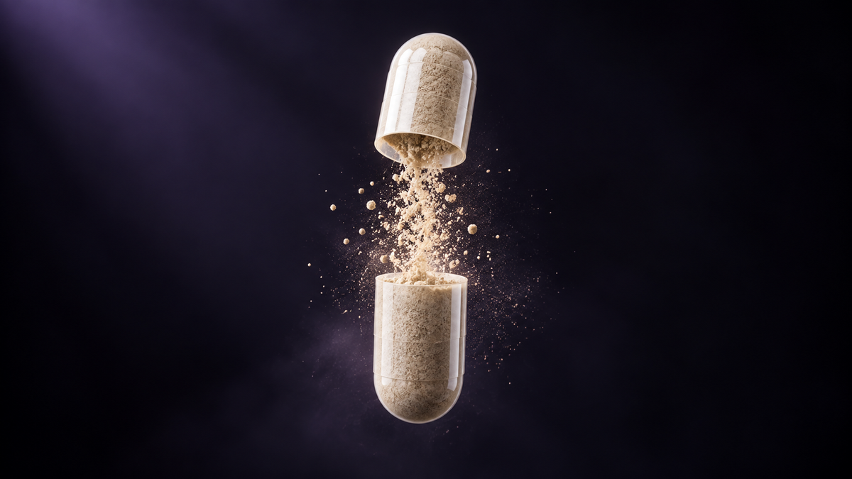Cápsula de NAD+ Resveratrol Complex abierta mostrando su contenido en polvo
