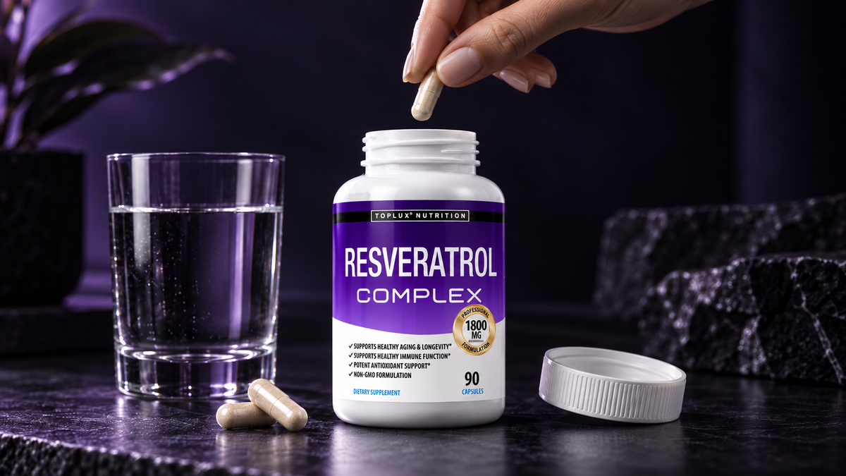 Mano sosteniendo una cápsula de NAD+ Resveratrol Complex junto al frasco