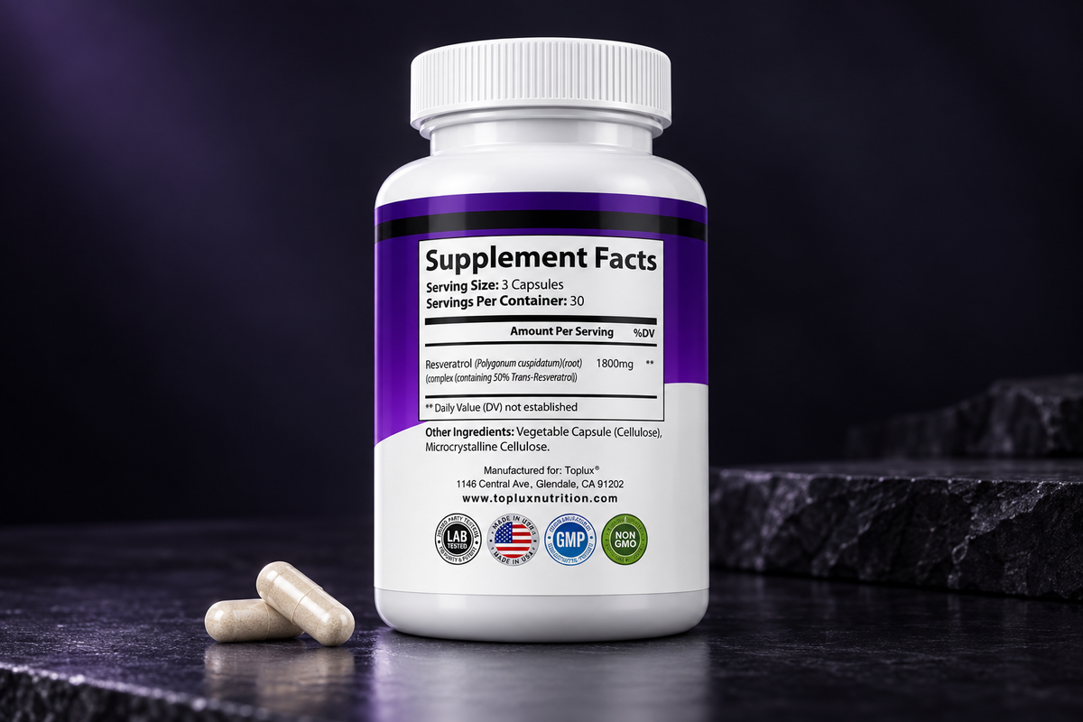 Etiqueta trasera de NAD+ Resveratrol Complex con la tabla de información nutricional