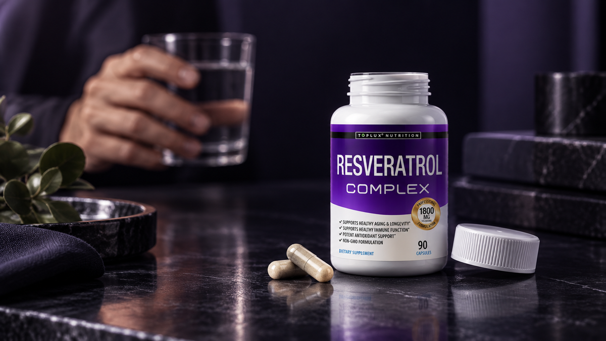 NAD+ Resveratrol Complex junto a un vaso de agua, listo para tomar