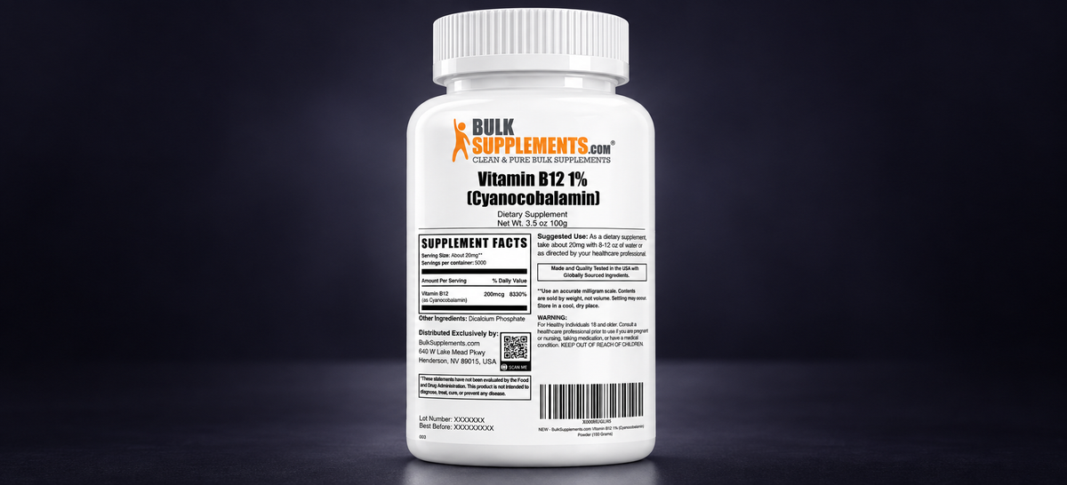 Etiqueta de Vitamina B12 con la tabla de información nutricional y datos del fabricante